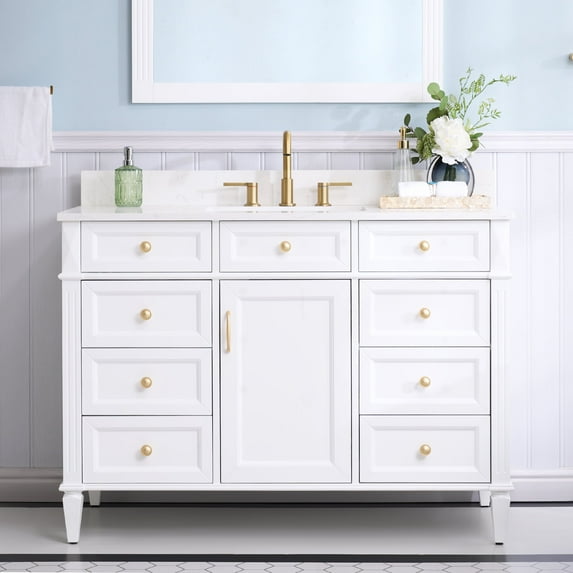 ANGELES HOME 48" Bathroom Vanity with Sink Top Combo Set, Freestanding Solid Wood Bathroom Makeup Cabinet W/ 1 Soft-Close Door and 6 Soft-Close Drawers, Carrara White Quartz Countertop (White)