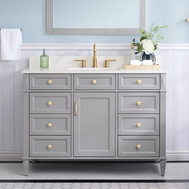 ANGELES HOME 48" Bathroom Vanity with Sink Top Combo Set, Freestanding Solid Wood Bathroom Makeup Cabinet W/ 1 Soft-Close Door and 6 Soft-Close Drawers, Carrara White Quartz Countertop (Gray)