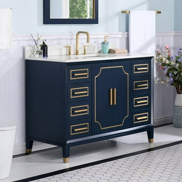 WELLFOR 48 inch Bathroom Vanity with Sink, Soft-Close, Ample Storage Space, Solid Wood Bathroom Makeup Cabinet, Bathroom Vanity Sink Set, Navy Blue