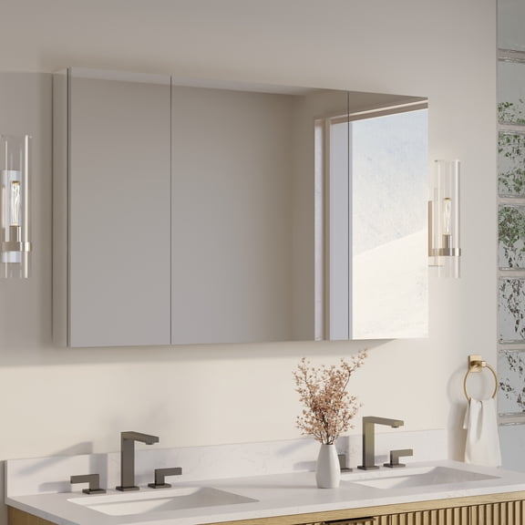 ANGELES HOME 48" x 30" Medicine Cabinet with Mirror, Rectangular Bathroom Mirror Cabinet with 9 Adjustable Glass Shelves, Aluminum Body, Recessed or Surface Mount Mirror Medicine Cabinet, Three Door