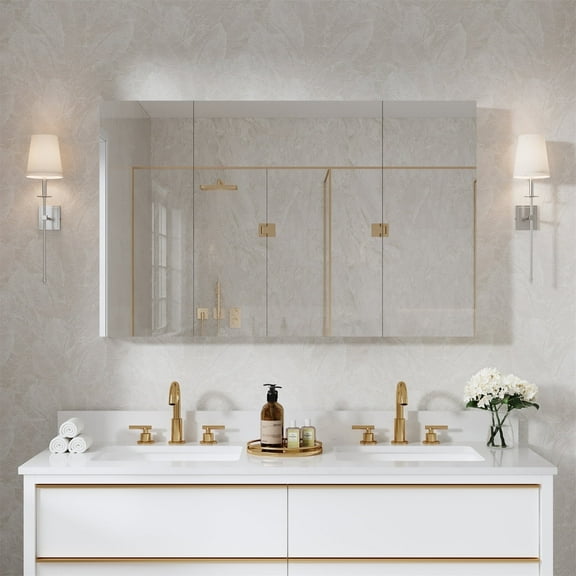 ANGELES HOME 48" x 30" Medicine Cabinet with Mirror, Rectangular Bathroom Mirror Cabinet with 9 Adjustable Glass Shelves, Aluminum Body, Recessed or Surface Mount Mirror Medicine Cabinet, Three Door