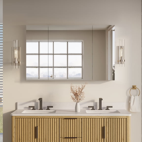 ANGELES HOME 48" x 30" Medicine Cabinet with Mirror, Rectangular Bathroom Mirror Cabinet with 9 Adjustable Glass Shelves, Aluminum Body, Recessed or Surface Mount Mirror Medicine Cabinet, Three Door