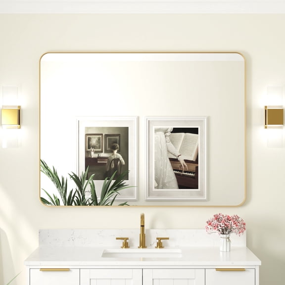 ANGELES HOME 48 x 36 Inch Bathroom Vanity Mirror, Aluminum Framed Wall Mirror, Horizontal/Vertical Mounted Rectangular Bathroom Mirror, Rectangle Vanity Framed Mirror for Wall, Brushed Gold