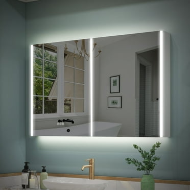 WELLFOR 48"x30" LED Mirrored Bathroom Cabinet, Mirror Medicine Cabinet with Lights, Defogger, Dimmable, Memory function, Outlets & USB, Surface Mounted Only, Double Opening Door