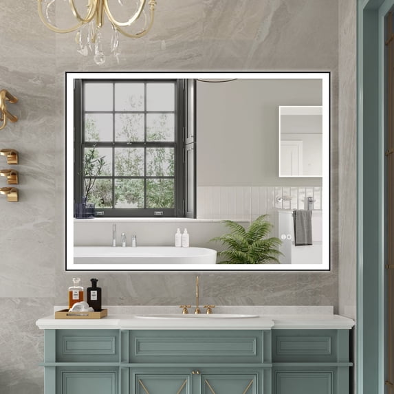 ANGELES HOME 48 x36 inch LED Bathroom Vanity Mirror with Lights, Lighted Vanity Mirror for Bathroom, Wall Mounted Makeup Mirror with Anti-Fog, Dimmer, Horizontal/Vertical, Matte Black