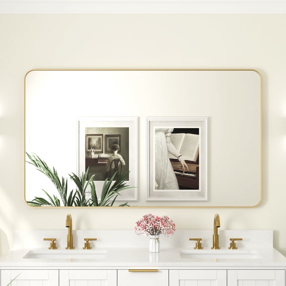 ANGELES HOME 55 x 32 Inch Bathroom Vanity Mirror, Aluminum Framed Wall Mirror, Horizontal/Vertical Mounted Rectangular Bathroom Mirror, Rectangle Vanity Framed Mirror for Wall, Brushed Gold