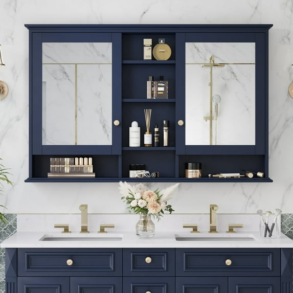 ANGELES HOME 55"x 35" Wall Mounted Mirrored Medicine Cabinet for Bathroom, 3 Tier Wood Mirror Cabinet Storage with 2 Soft-close Door, Bathroom Accessory, Navy Blue