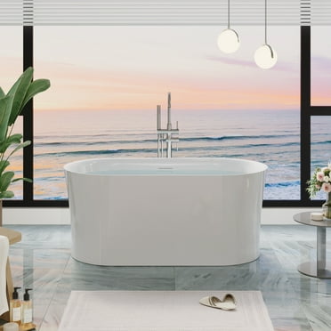WELLFOR 59" Acrylic Freestanding Bathtub Contemporary Soaking White Tub with Chrome Overflow and Drain