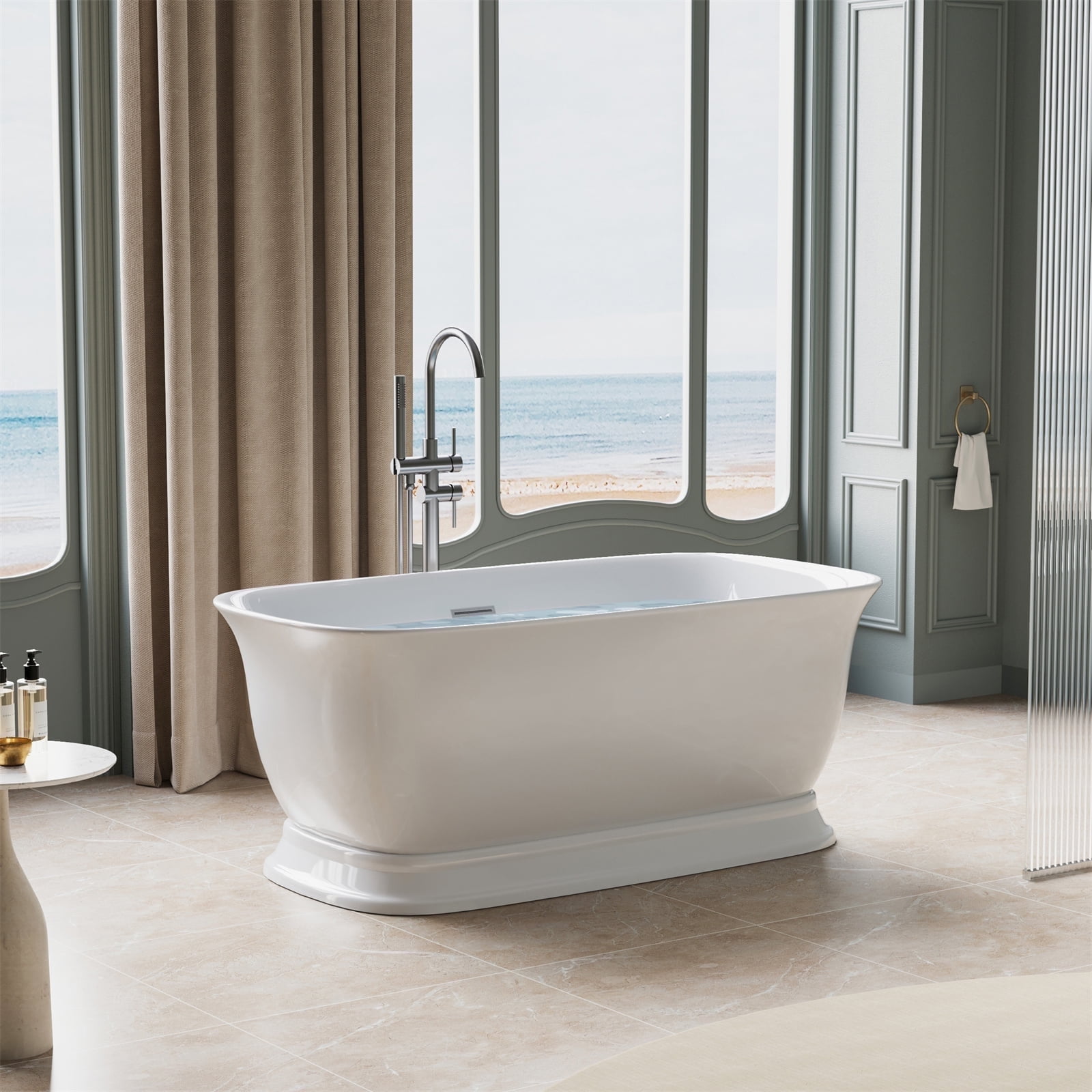 ANGELES HOME 59" Acrylic Freestanding Bathtub, Soaking White Bathtub with White Drain and Integrated Slotted Overflow Included, Glossy White