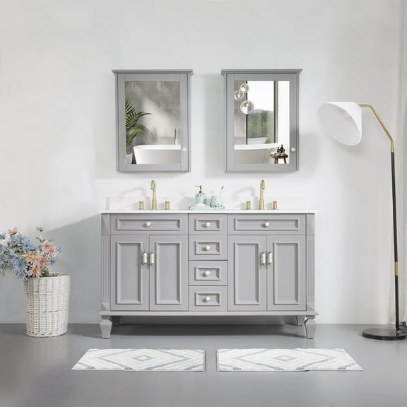 ANGELES HOME 60" Bathroom Vanity with 24" Wall-Mounted Mirror Cabinets, Wooden Bathroom Vanity with 2 Sinks Set, Bathroom Furniture for Home Decor and Storage Organization, Titanium Grey