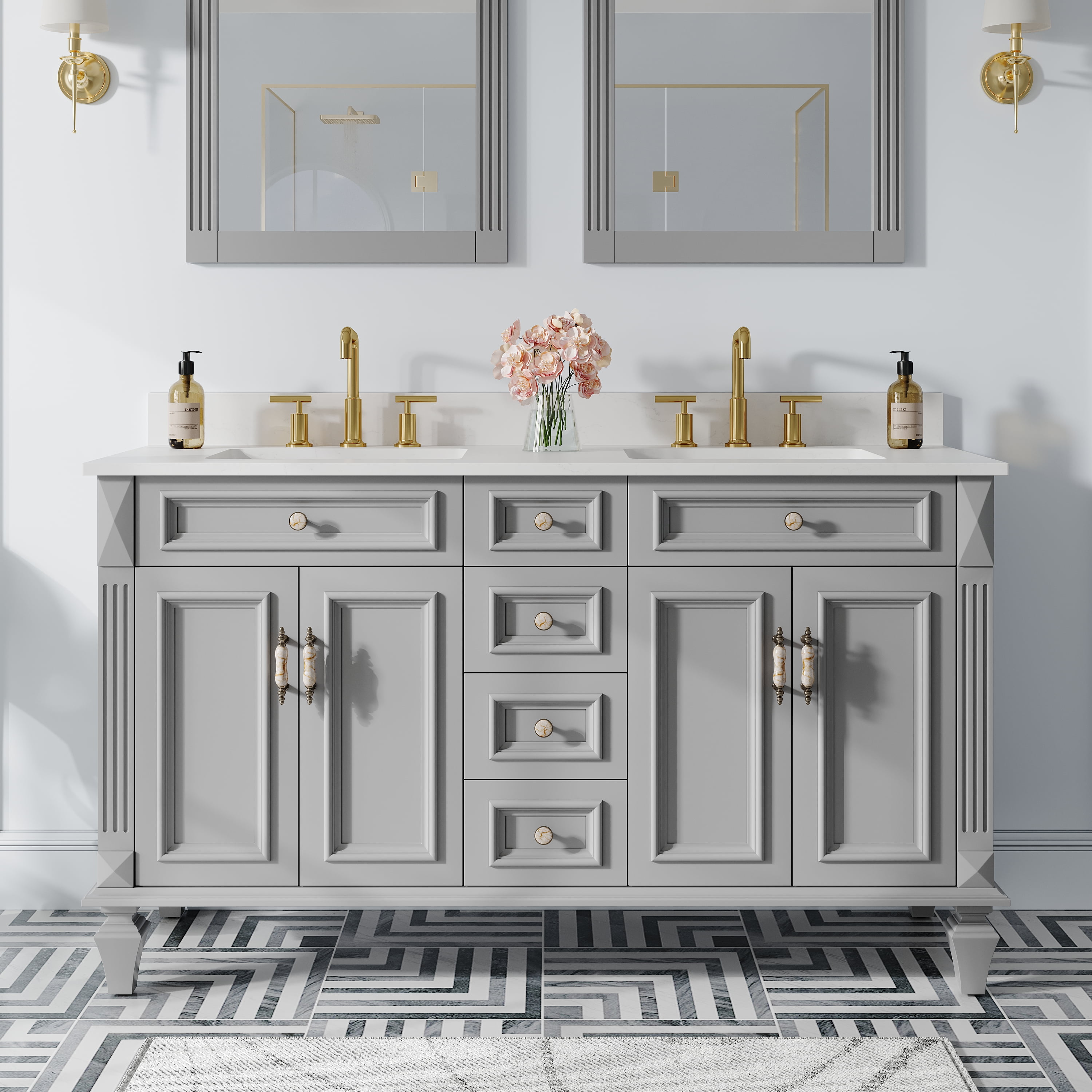 WELLFOR 60" Bathroom Vanity with Double Sinks, Solid Wood Bathroom ...