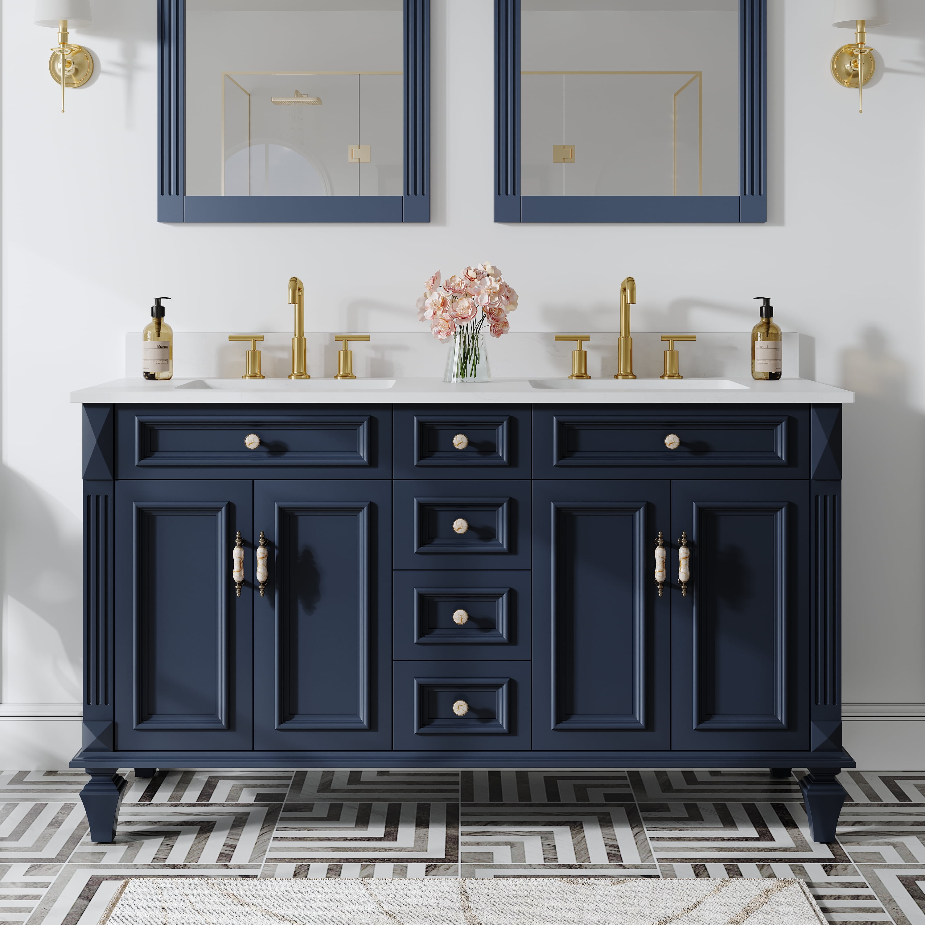 WELLFOR 60" Bathroom Vanity with Double Sinks, Solid Wood Bathroom ...