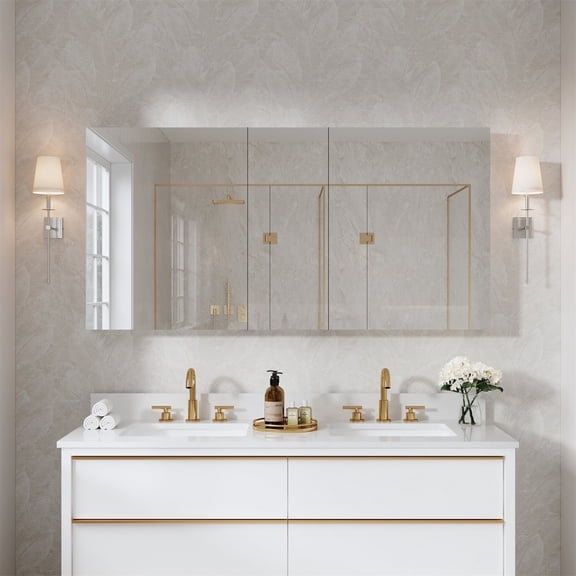 ANGELES HOME 60" x 30"Medicine Cabinet with Mirror Door & 9 Adjustable Glass Shelves, Rectangular Bathroom Mirror Cabinet with Aluminum Body, Recessed or Surface Mount Mirror Medicine Cabinet Storage