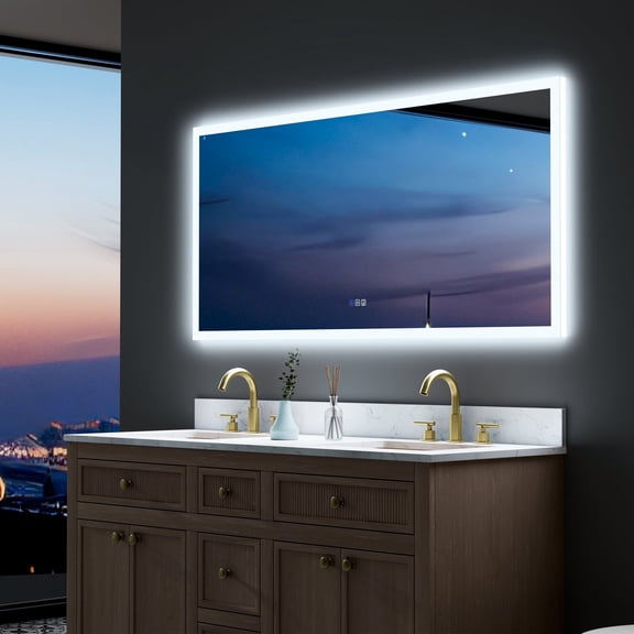 ANGELES HOME 60x28inch LED Bathroom Mirror, Front and Backlit Bathroom Vanity Mirror with Lights, Lighted Mirror for Bathroom, Lighted Mirror with Anti-Fog Dimmable, Touch Button, Horizontal/Vertical