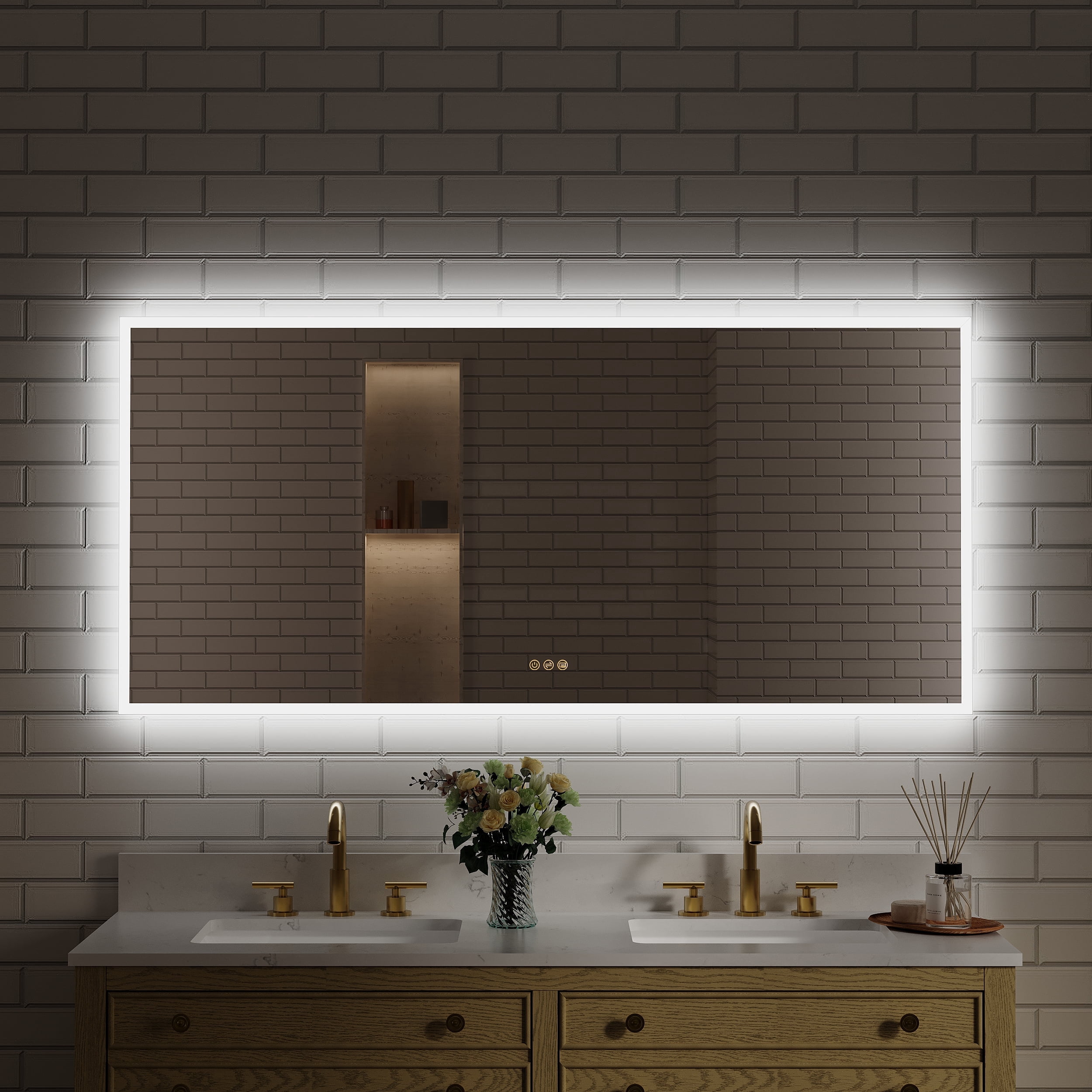 WELLFOR 60x28 inch Bathroom Mirror with Lights, Lighted Bathroom Mirror ...