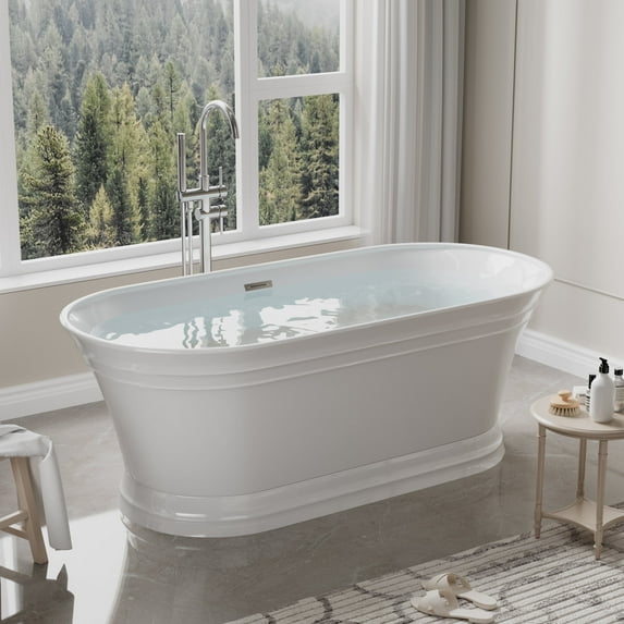 ANGELES HOME 67" Acrylic Freestanding Bathtub Contemporary Soaking Tub with Chrome Bathtub Drain and Groove overflow