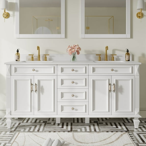 ANGELES HOME 72" Bathroom Vanity with Double Sinks, Solid Wood Bathroom Makeup Cabinet W/ 4 Doors and 4 Drawers, Bathroom Vanity Storage Organizer with Carrara White Quartz Countertop, White