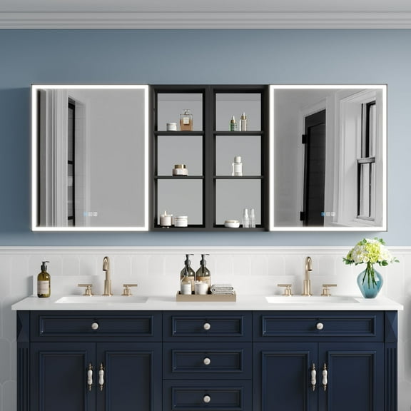 72"x30" LED Mirrored Medicine Cabinet, Medicine Cabinets with Lights for Bathroom, Recessed or Surface Mount, Led Medicine Cabinet with Outlets & USB, Defogger, Dimmer, Double Opening Door