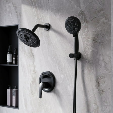 ANGELES HOME 8 Inch Shower Faucet Set,  6-Setting Head Shower System with 9-Spray Round Hand Shower, Matte Black