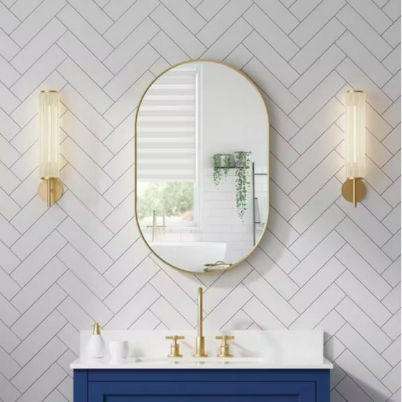 WELLFOR BELLA 20 in. W x 32 in. H Oval Aluminum Framed Wall-Mounted Bathroom Vanity Mirror in Brushed Gold