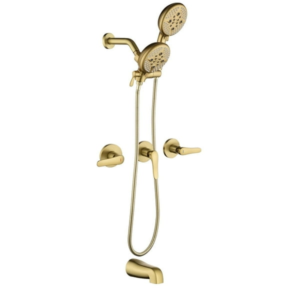ANGELES HOME Bathtub Shower Faucet Set with Tub Spout, 2-in-1 Dual Shower Head System with Handheld Spray Combo, 5-Mode, Valve Trim Kit, Brushed Gold