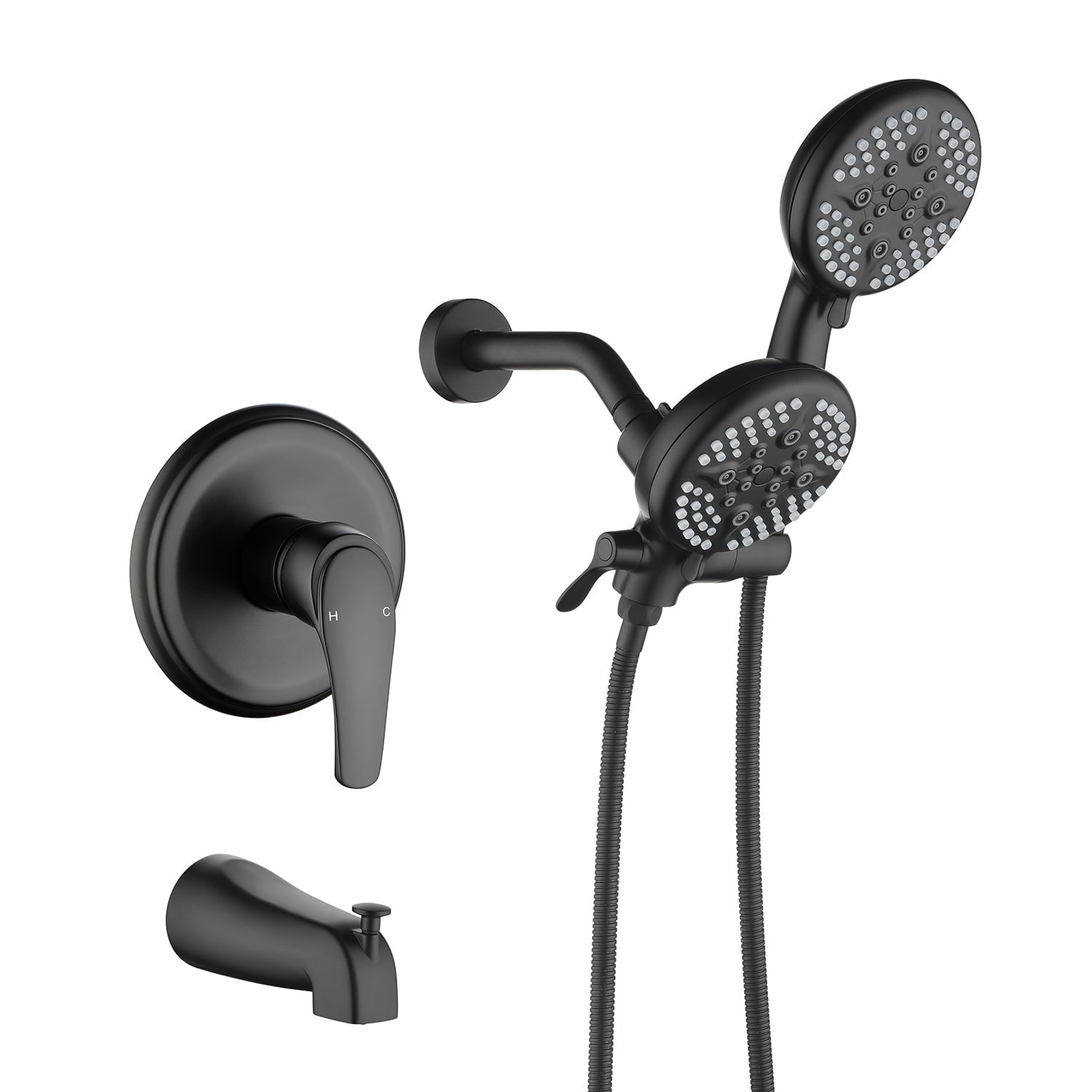 ANGELES HOME Bathtub Shower Faucet Set with Tub Spout, 3-in-1 Dual Shower Head System with Handheld Spray Combo, 5-Mode, Valve Trim Kit, Matte Black