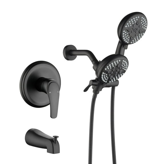 ANGELES HOME Bathtub Shower Faucet Set with Tub Spout, 3-in-1 Dual Shower Head System with Handheld Spray Combo, 5-Mode, Valve Trim Kit, Matte Black