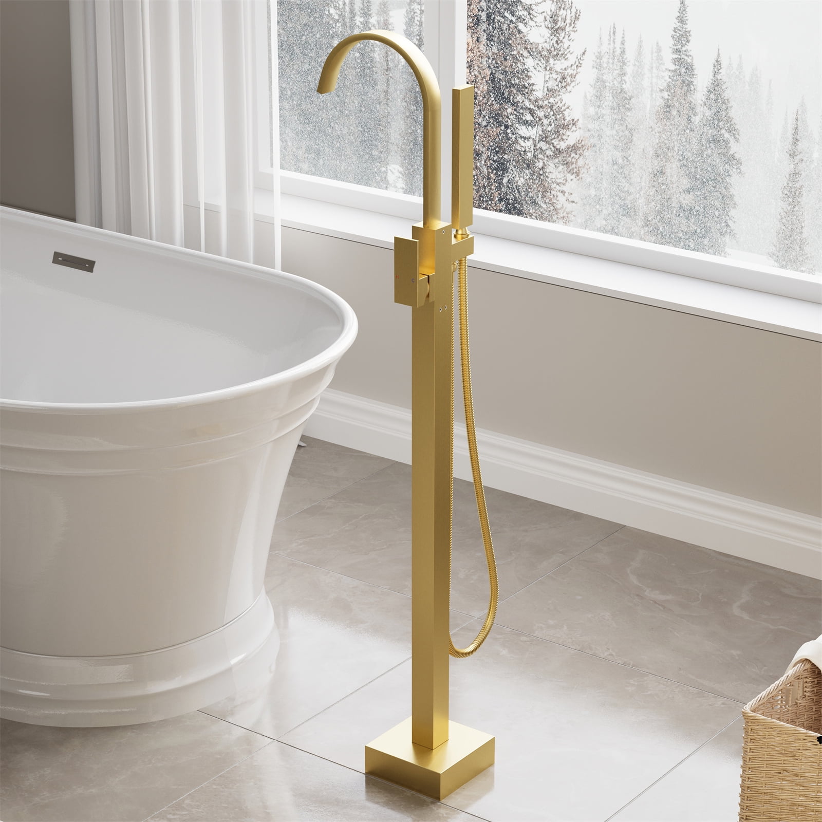 ANGELES HOME Free Standing Bathtub Faucet, Single Handle Floor Mounted Tub Filler Faucet with Handshower, Brushed Gold