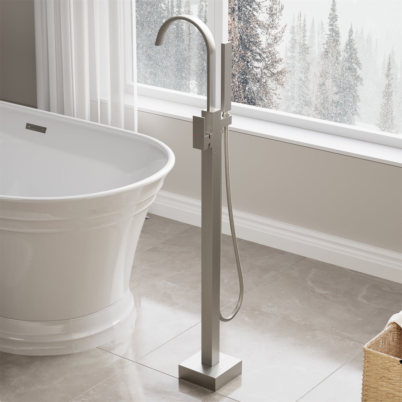 ANGELES HOME Free Standing Bathtub Faucet, Single Handle Floor Mounted Tub Filler Faucet with Handshower, Brushed Nickel