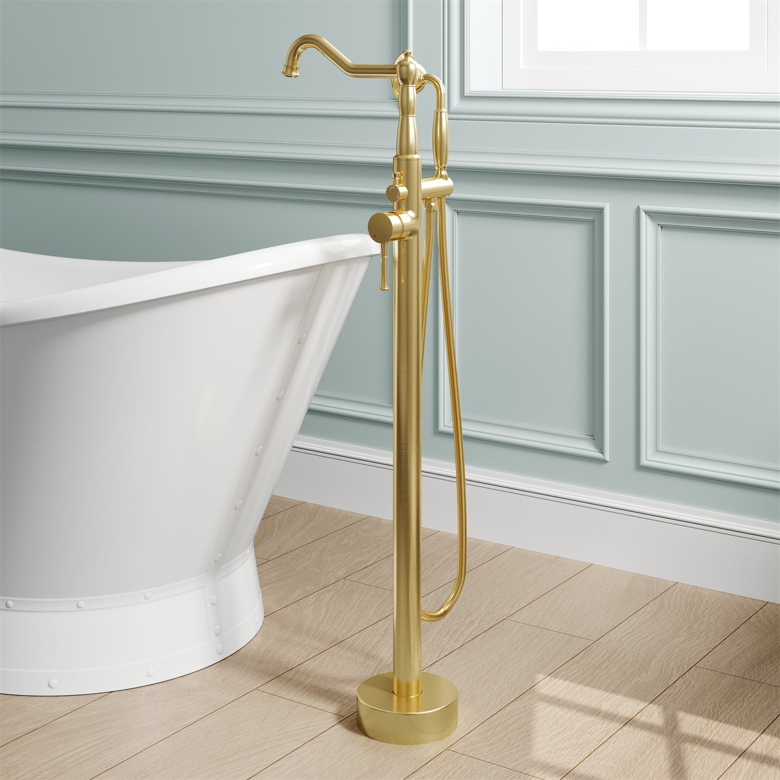 ANGELES HOME Freestanding Tub Faucet with Handheld Shower, Floor Mount Bathtub Filler, Roman Bathtub Faucet with Swivel Spout Brass Rough-in and Water Hose, Brushed Gold