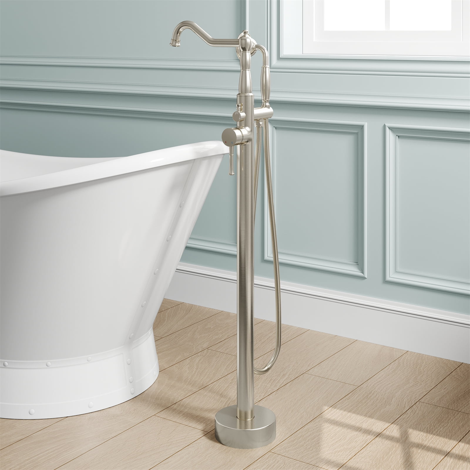 ANGELES HOME Freestanding Tub Faucet with Handheld Shower, Floor Mount Bathtub Filler, Roman Bathtub Faucet with Swivel Spout Brass Rough-in and Water Hose, Brushed Nickel