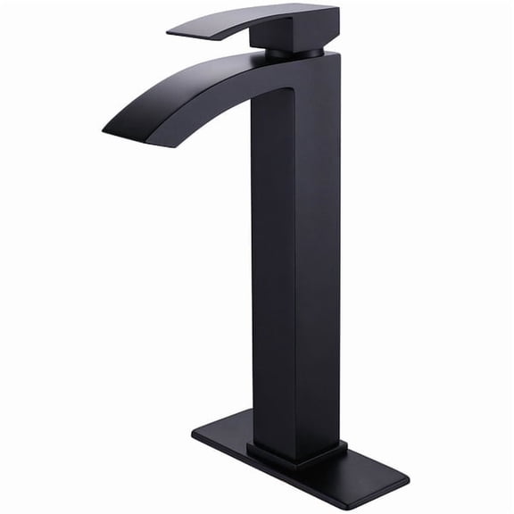 ANGELES HOME Matte Black Bathroom Sink Faucet with Single Handle, Bathtub Basin Vessel Faucet with Deck Plate, Solid Brass Bathroom Waterfall Faucet, Pop Up Drain Included, Modern