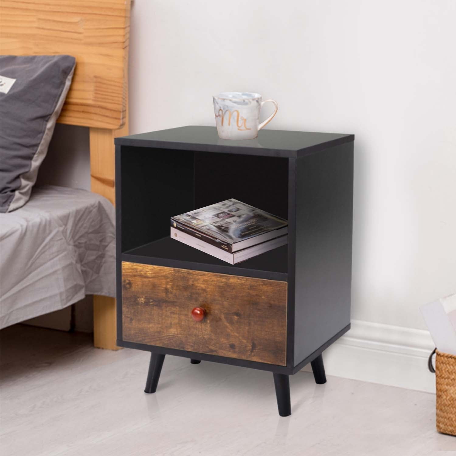 WELLFOR Nightstand with 1 Drawer and Short Legs Set of 2 Black