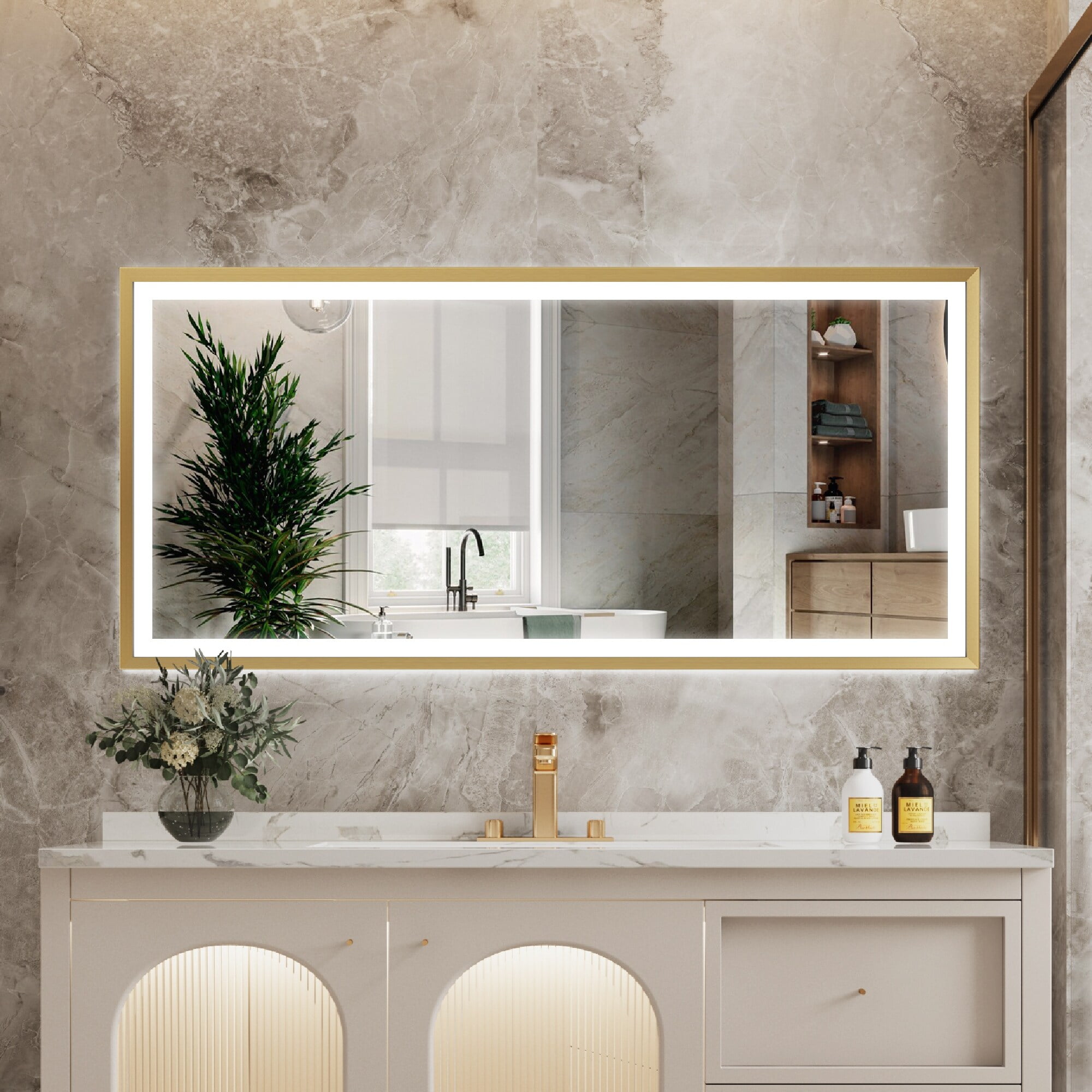 24 x 32 Shelf LED Bathroom Mirror, Frame, Touch Control, Defogger, CCT Remembrance, Wall Mounted Lighted Bathroom Mirror, Gold Frame