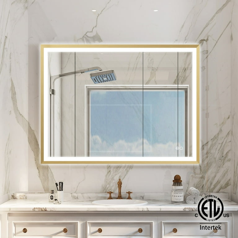 WELLFOR Wall Mounted Back Light Bathroom Framed LED Mirror Anti- Fog With  Dimmable Light Touch Sensor And Memory Function 36H x 48'' W - Brushed 