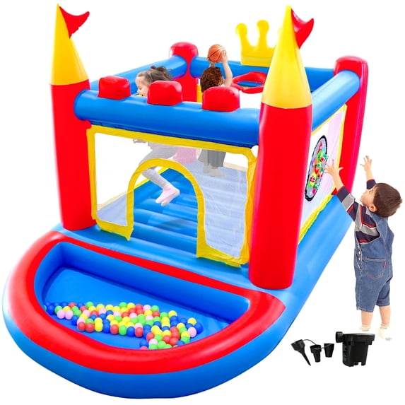 WELLFUNTIME Inflatable Bounce House, PVC Bouncer for Kids Aged 3-8, Jumping Castle with Ball Pit for Indoor Outdoor