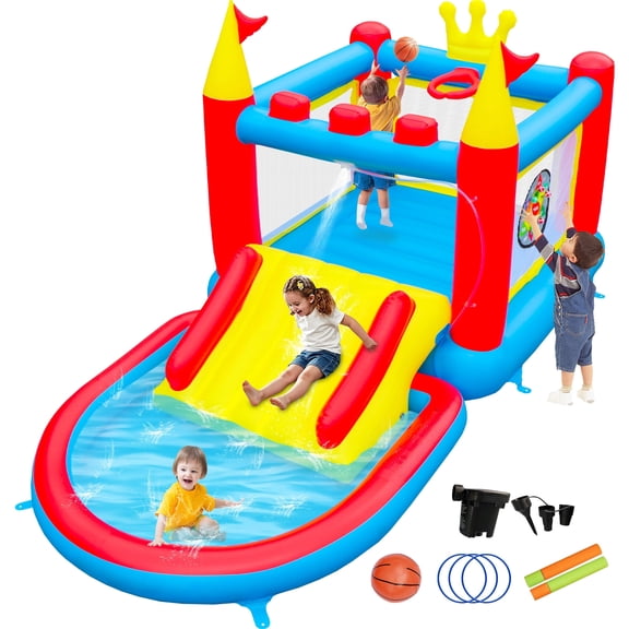 WELLFUNTIME Inflatable Water Slide for Kids Aged 3-8, PVC Water Park with Bounce House, Splash Pool, Bouncy Castle for Indoor Outdoor Fun