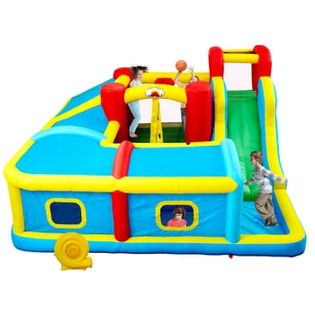 WELLFUNTIME Inflatable Bounce House with Blower, Kids Slide Bouncer for Backyard, 142.9 x 144 x 74.8 inch