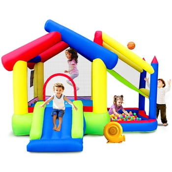 WELLFUNTIME Kids Inflatable Bounce House Jumping Castle Slide Bouncer with 470 W Blower, Bouncy Castle with Ball Pit Pool for Backyard Outdoor