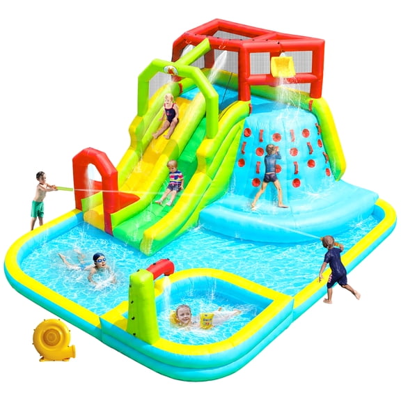 WELLFUNTIME Inflatable Water Slide Bounce House with Blower, Kids Water Park with Deep Splashing Pools, Water Bucket for Outdoor, 191 x 157.5 x 100 in