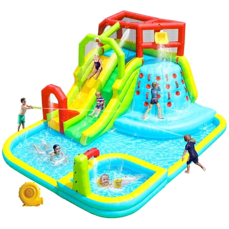 WELLFUNTIME Inflatable Water Slide Bounce House for Kids, Water Park with Blower, Deep Splashing Pools, Water Bucket for Backyard, 191 x 157.5 x 100 in