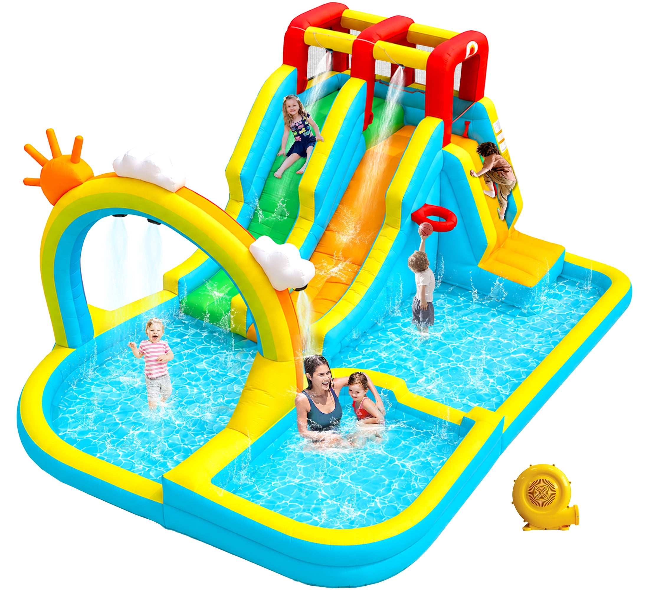 WELLFUNTIME Inflatable Water Slide for Kids, Bounce House with Blower, Water Park with Double Slides, Splash Pool