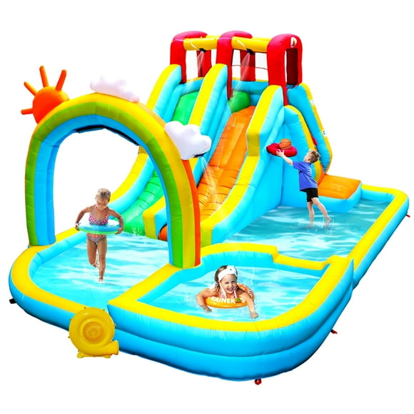 WELLFUNTIME Inflatable Water Park with Double Slides, Blower, Bounce House with Large Splash Pool