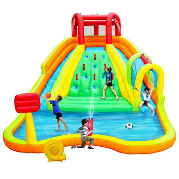 WELLFUNTIME Inflatable Water Slide Park with Blower, Bounce House with Double Slides, Basketball and Football for Kids
