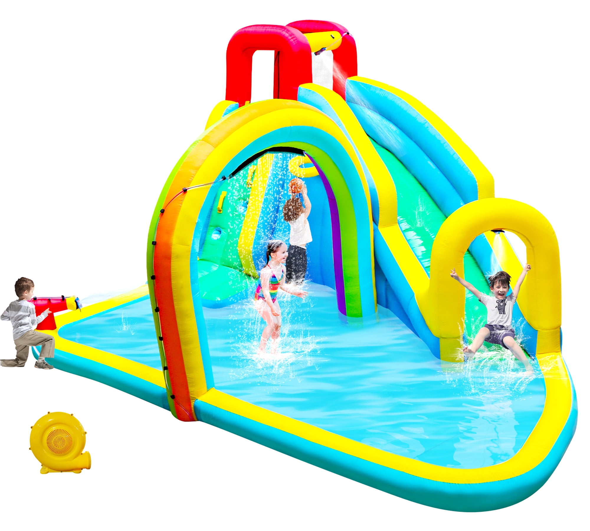 WELLFUNTIME Inflatable Water Slide Park with Blower, Bounce House for Kids with Splash Pool and Rainbow Sprinkler