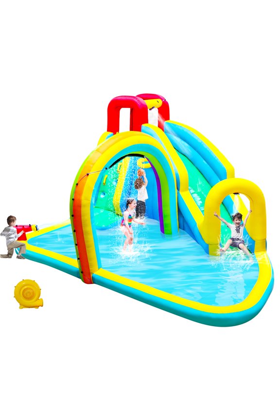 Inflatable Water Slide Park with Blower, Bounce House for Kids with Splash Pool and Rainbow Sprinkler