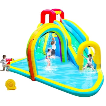 WELLFUNTIME Inflatable Water Slide Park with Blower, Bounce House for Kids with Splash Pool and Rainbow Sprinkler