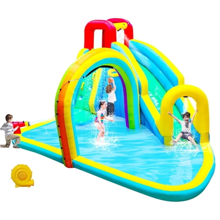 WELLFUNTIME Inflatable Water Slide Park with Blower, Bounce House for Kids with Splash Pool and Rainbow Sprinkler