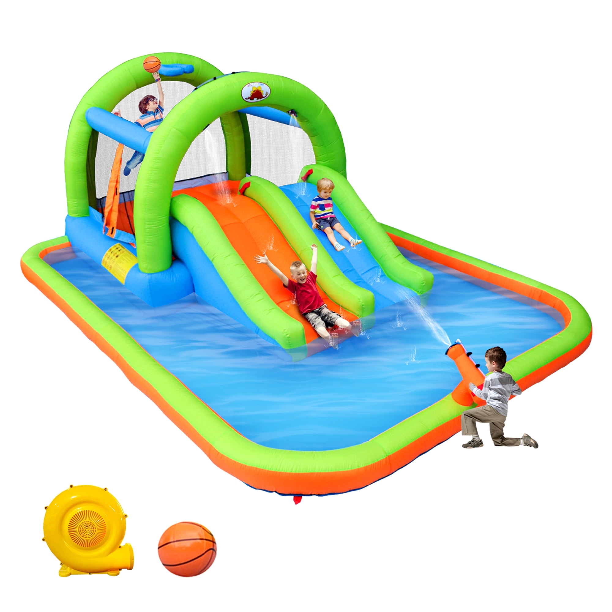 WELLFUNTIME Inflatable Water Slide, Bounce House with Blower, Splash Pool, Water Cannon, Water Park for Kids Backyard Summer Fun
