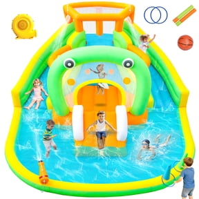 WELLFUNTIME Inflatable Bounce House Water Slide for 4 Kids, Water Park with Blower, Splashing Pool for Backyard